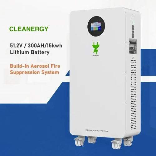 White rectangular 51.2v 300ah 15.3kwh lithium phosphate home power storage battery with digital display and casters