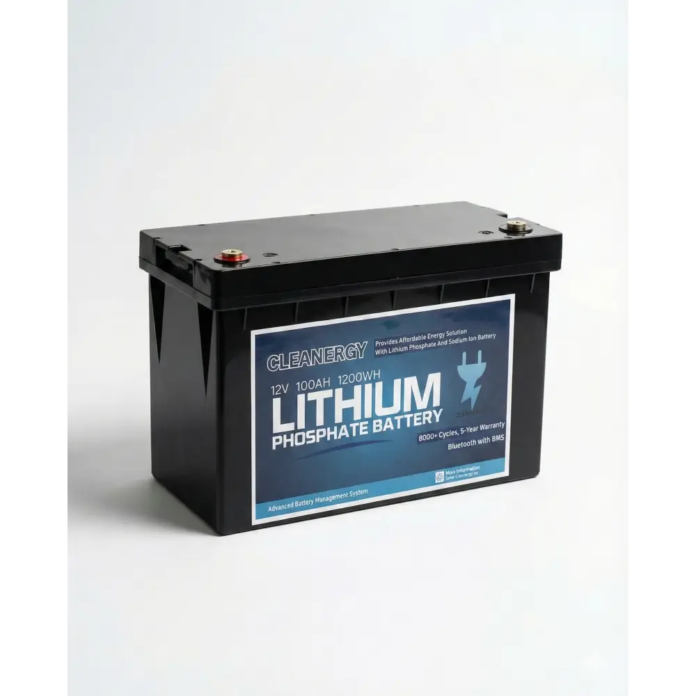 Black lithium phosphate 12v 100ah battery with blue and white Cleanergy label showing 1200wh capacity