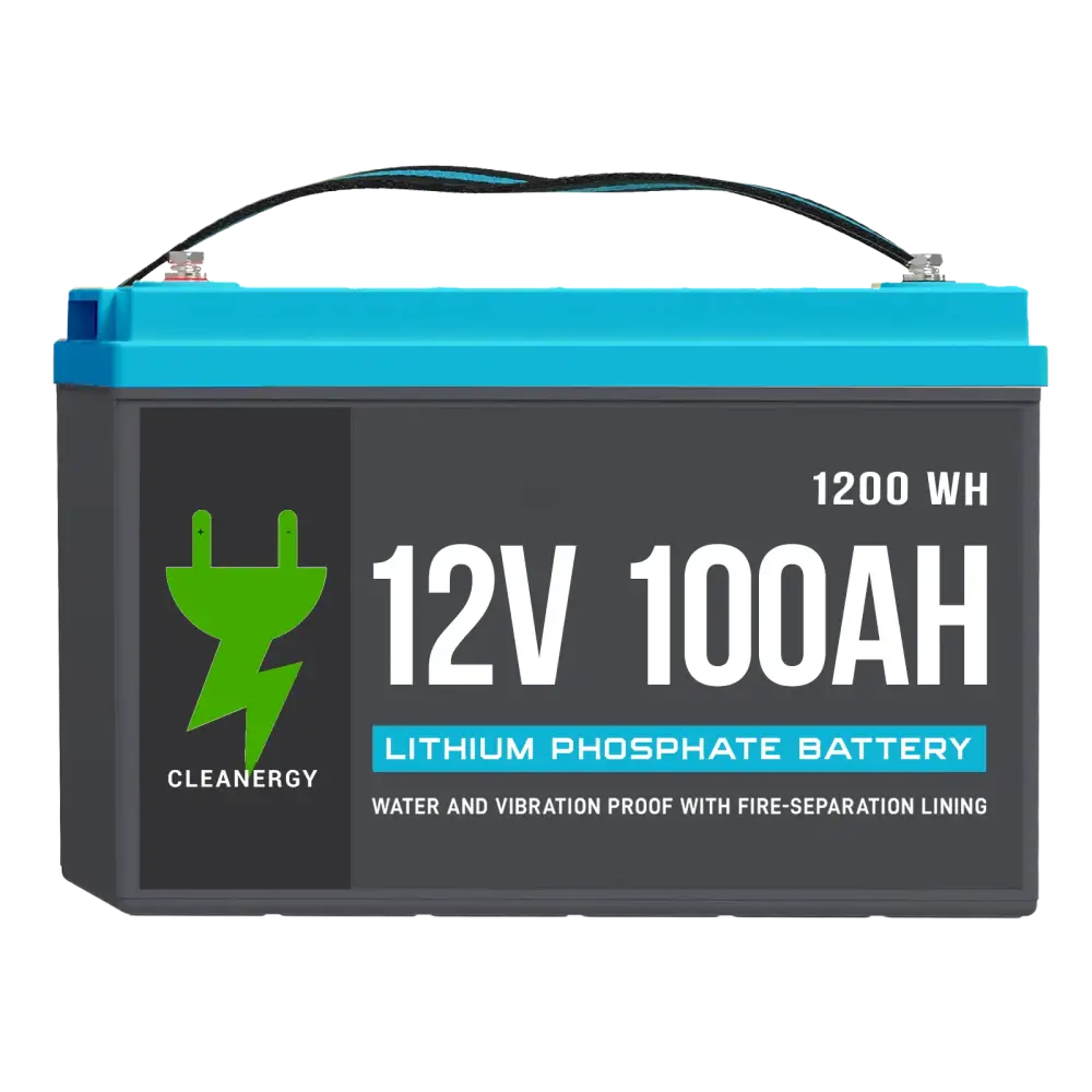 A sleek gray lithium phosphate 12v 100ah battery with a bright blue top cap and 1200wh capacity