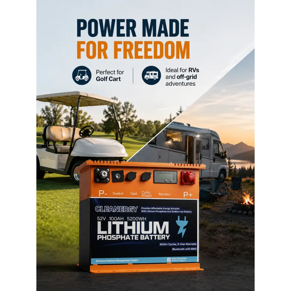 Orange and black lithium phosphate battery 52v 100ah with digital monitor offering exceptional safety and high capacity