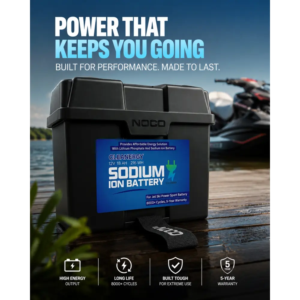 Black noco cleanenergy 12v 18ah sodium ion battery with blue label and black strap for ski jet sports use