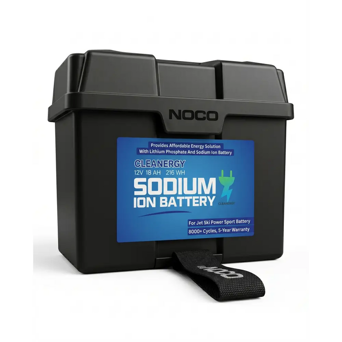 Black noco cleanenergy blue label sodium ion battery with carrying strap for ski jet sports 12v 18ah use