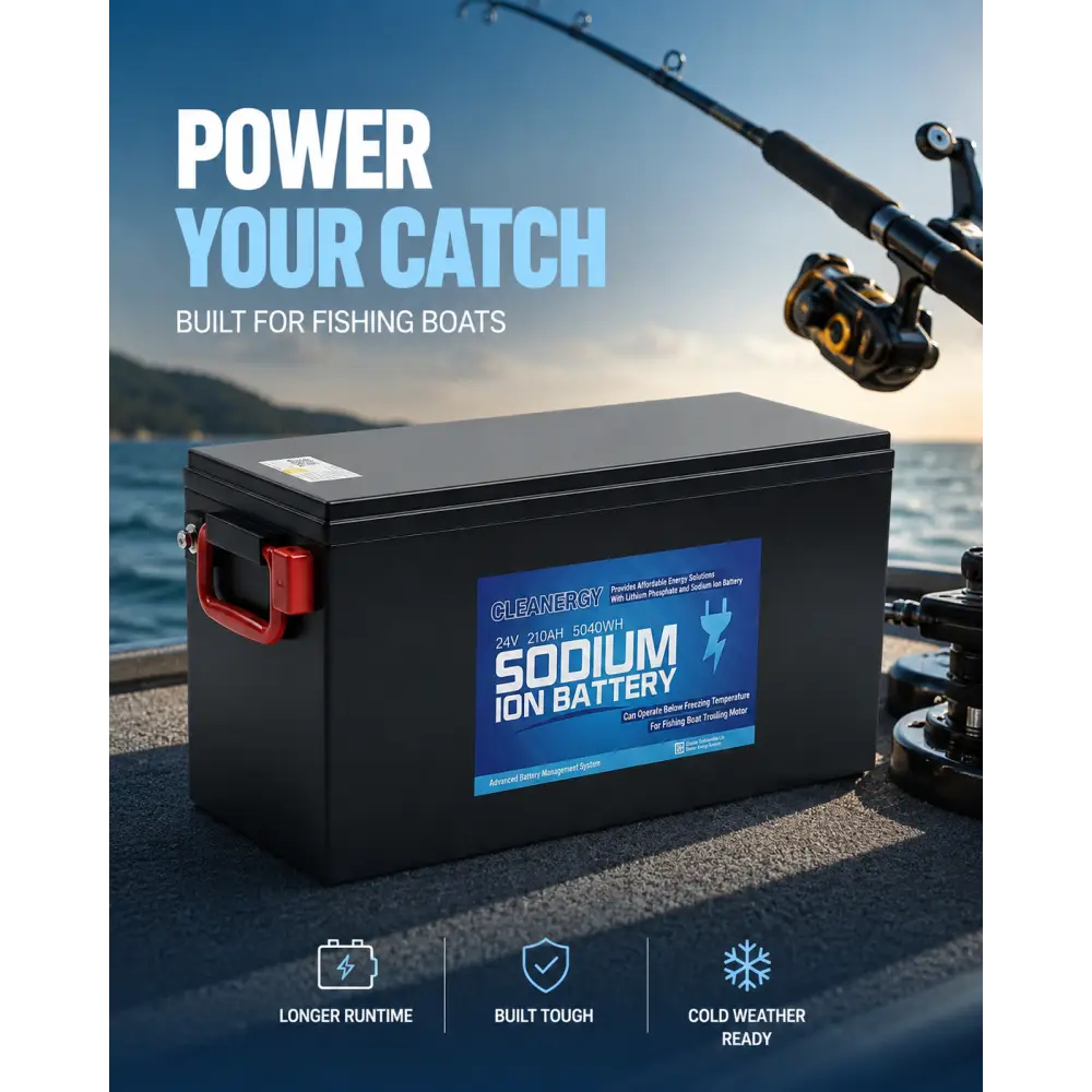 Black rectangular cleanergy sodium ion battery 24v 210ah with red handle and blue label for fishing boats