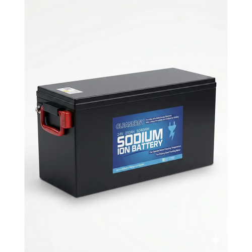 Black rectangular sodium ion battery 24v 210ah with red handle and blue cleanergy label for lithium phosphate 24v use