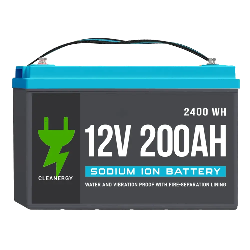 A sleek rectangular 12v 200ah sodium ion starting battery with a vibrant blue top and dark gray body for high cold cranking