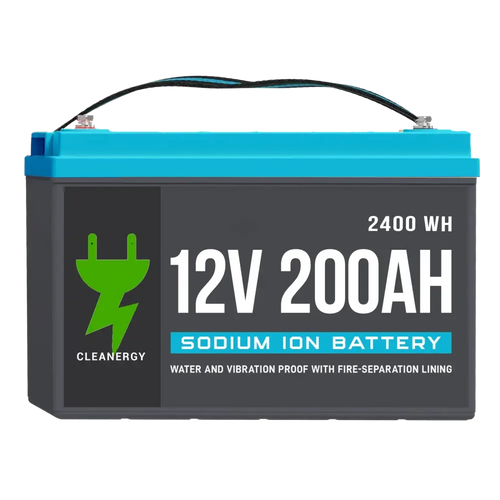 A sleek rectangular 12v 200ah sodium ion starting battery with a vibrant blue top and dark gray body for high cold cranking